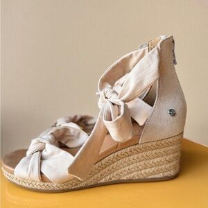 UGG Wedge Espadrille Sandals | Cream Canvas Knotted Straps | Size 6